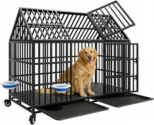 54 Inch Heavy Duty Indestructible Dog Crate with 2 Bowls, Escape Proof Indoor Double Door Cage with Wheels and Trays, Steel Kennel for High Anxiety Large Giant Dogs, XL/XXL