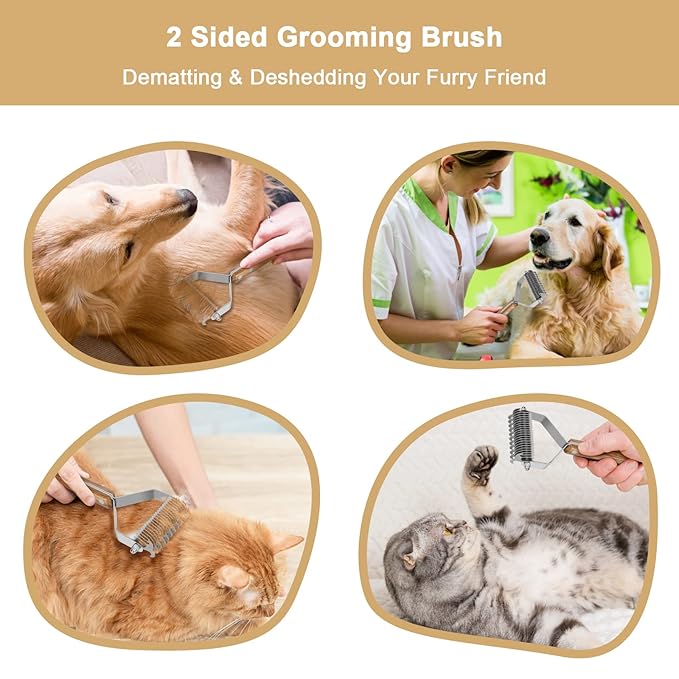 Undercoat Rake for Dogs, Dematting Comb for Dogs and Cats with Wood Handle, Deshedding Dog Brush for Remove Mats, Long-Haired Pets Grooming Rake, Large