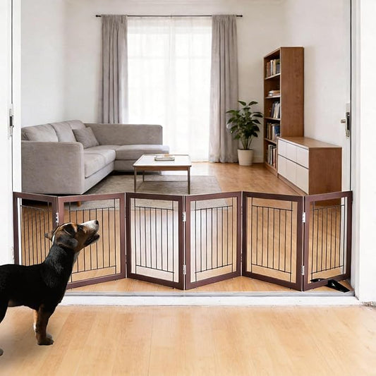 ZJSF Freestanding Dog Gate Indoor, Foldable Dog Fence for Doorways,Hallways or Stairs, Sturdy Wood Extra Wide Pet Gate with Support Feet,Brown,24 "Height-6 Panels