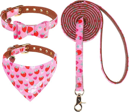 EXPAWLORER Small Collar and Leash Set - Embroidery Pawprints with Bow Tie and Bandana Collar with Bell, Soft Tangle Free Leash for Dogs Cats Outdoor Walking, Holiday Ideal Gift Pink Strawberry S