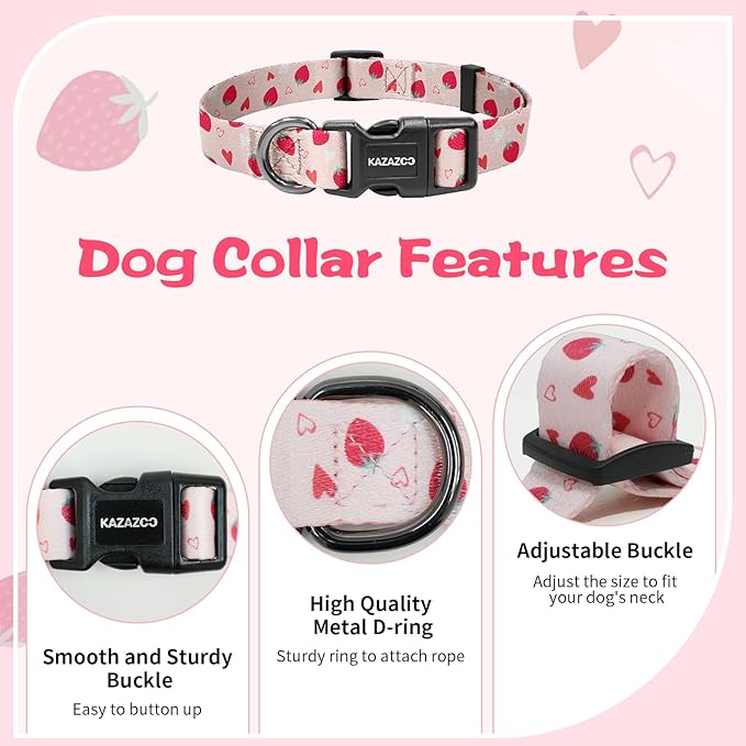 Kazazoo Dog Collar Cute and Soft Nylon Puppy Collar Girl, Adjustable Dog Collars for Small Medium Dogs, Strawberry-M