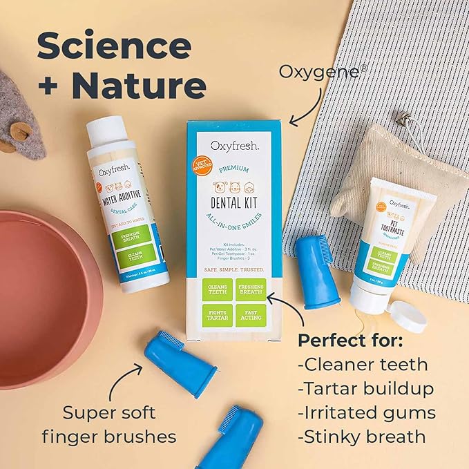 Oxyfresh Premium Pet Dental Kit for Dogs & Cats – Easiest Breath Freshener & Teeth Cleaning Solution for Fresh Breath, Clean Teeth, Plaque & Tartar Control – 4oz Toothpaste + 16oz Water Additive