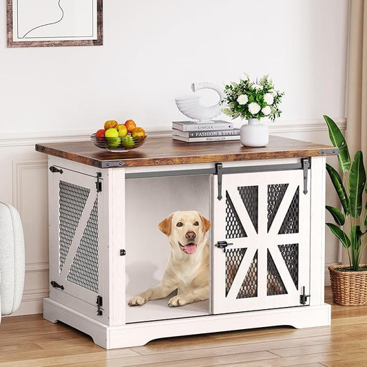 VOPEAK 40" Farmhouse Dog Crate Furniture, Heavy Duty Dog Crate for Medium Large Dogs, Wood Dog Cage Dog Kennel Indoor with Double Doors, Chew Resistant End Table for Bedroom Living Room, White