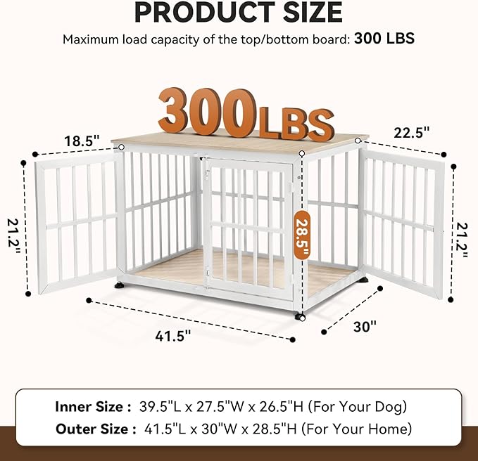 Oranland 42 Inch Heavy Duty Dog Crate Furniture,Dog Kennel Furniture Indoor for Large and Medium Dogs,Decorative Pet House End Table, 0.8 Inch Steel Tubes Wooden Cage/Max Load Capacity 300lbs/White