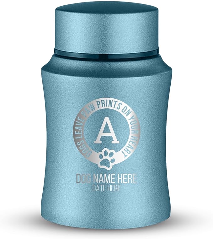 Customized Small Keepsake Urn Personalized Engraved with Pet Name, Date, and Text - 4" Powder Coated Cremation Mini Compact Urn for Dogs Ashes | 5–10 Lbs Capacity | Powder Blue, Paw Prints on Hearts