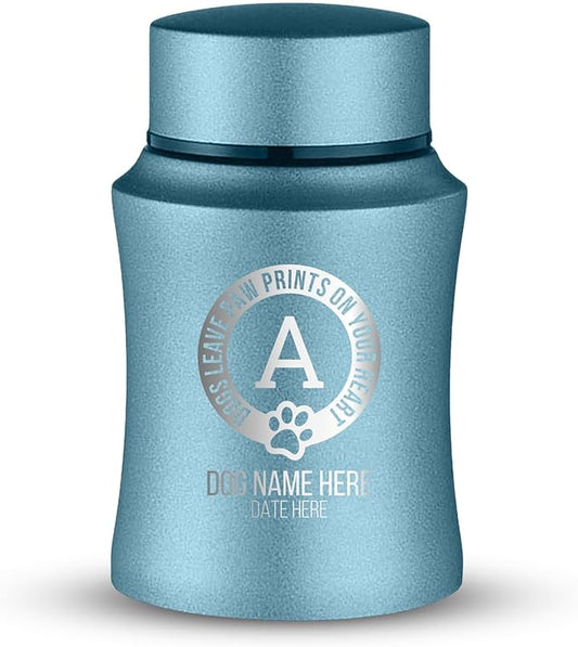 Customized Small Keepsake Urn Personalized Engraved with Pet Name, Date, and Text - 4" Powder Coated Cremation Mini Compact Urn for Dogs Ashes | 5–10 Lbs Capacity | Powder Blue, Paw Prints on Hearts