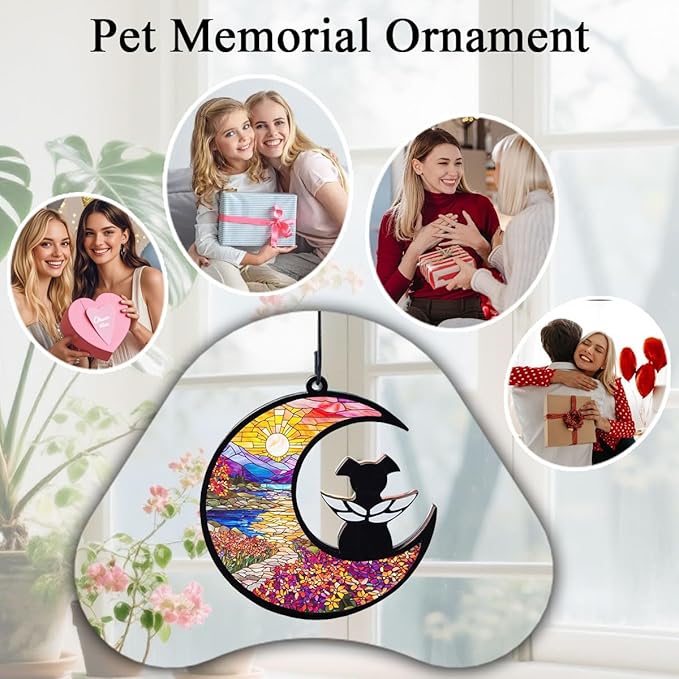 Dog Angel Memorial Suncatcher with Rainbow Bridge Poem Card, Pet Sympathy Gifts for Loss of Dogs and Cats, Natural Landscape