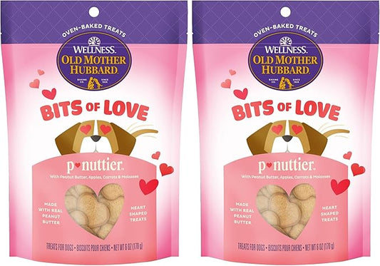 Old Mother Hubbard Wellness Bits of Love P-Nuttier Dog Biscuits, Natural, Seasonal, Valentine's Day Treats, Peanut Butter Flavor, (6 Ounce Bag) (Pack of 2)
