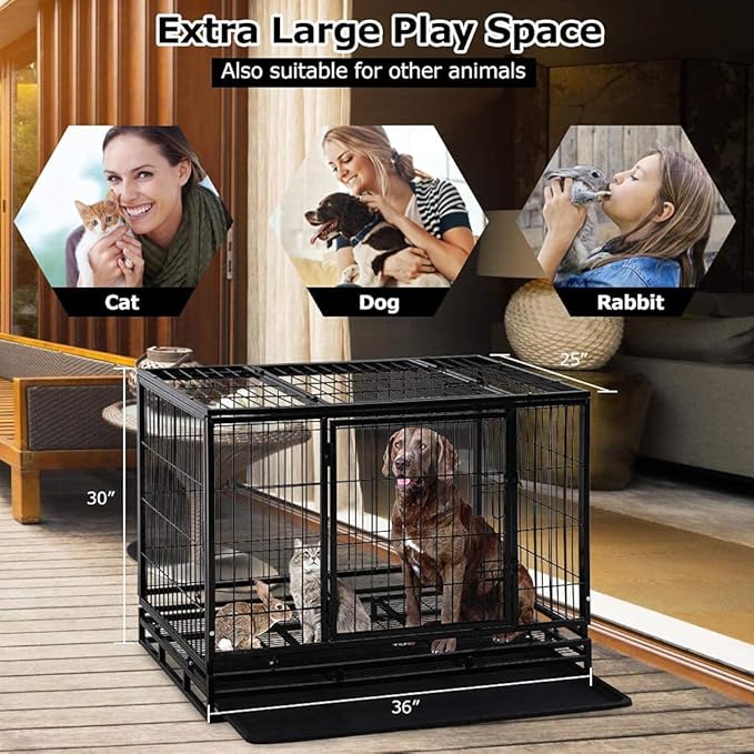 HGS 36-in Dog Crate Metal Dog Cage Heavy Duty Kennel for Large Dogs Pet Playpen for Training, Indoor Outdoor Dog Crate with Lockable Wheels, 2 Doors and Removable Tray, Black