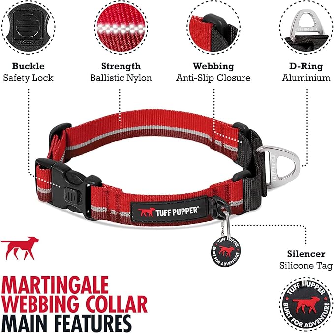 Tuff Pupper Martingale Collar for Dogs | Gentle Nylon Limited Cinch is Perfect for Training | Durable Locking Buckle | Reflective for Safer Night Walking | Sizing for All Breeds (Red, X-Small)