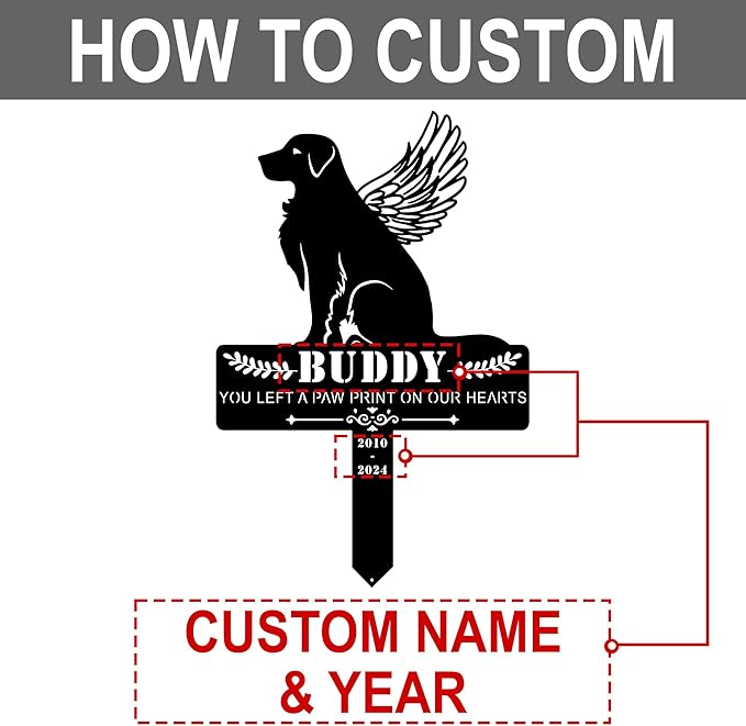 Personalized Pet Memorial Grave Marker, Custom Pet's Name Cemetery Decorations for Funerary, Metal Pet Garden Stake, Outdoor Sympathy Pet Stake Plaque Gift for Loss Dog