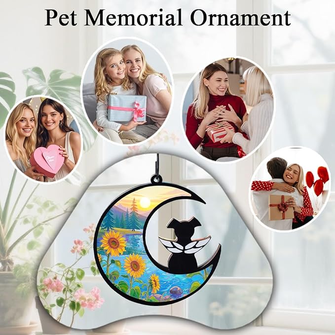 Dog Angel Memorial Suncatcher with Rainbow Bridge Poem Card, Pet Sympathy Gifts for Loss of Dog, Sunflowers