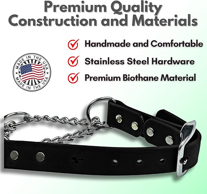 Martingale Collar for Dogs, Biothane, Stainless Steel Hardware, No Pull, Made in The USA, Professional Grade. Large, Black