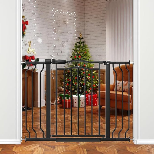 29.5-43.7" Wide Baby Gate for Stairs No Drilling, 30" Tall Metal Pet Baby Safety Gates with Expansion Kit, Press Mounted Pet Gate Indoor for Kids, Walk Through Dog Gates for Doorways, Black