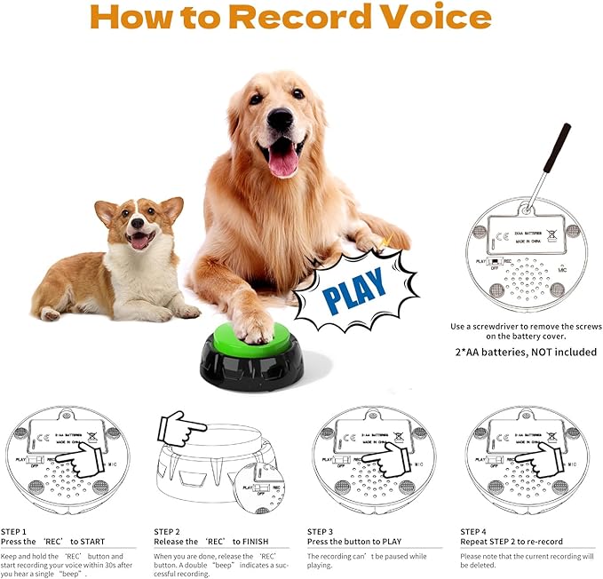 Voice Recording Button, Dog Buttons for Communication Pet Training Buzzer, 30 Second Record & Playback, Dog Talking Buttons Set 4 Pack with Stickers
