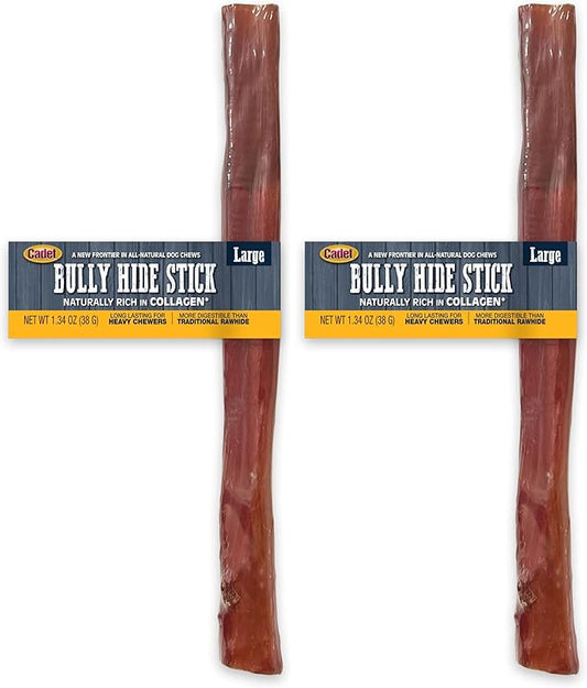 Cadet Bully Hide Sticks for Large Dogs, All-Natural Beef Pizzle, Limited-Ingredient Long-Lasting Dog Chews for Aggressive Chewers, 1 Count (Pack of 2)