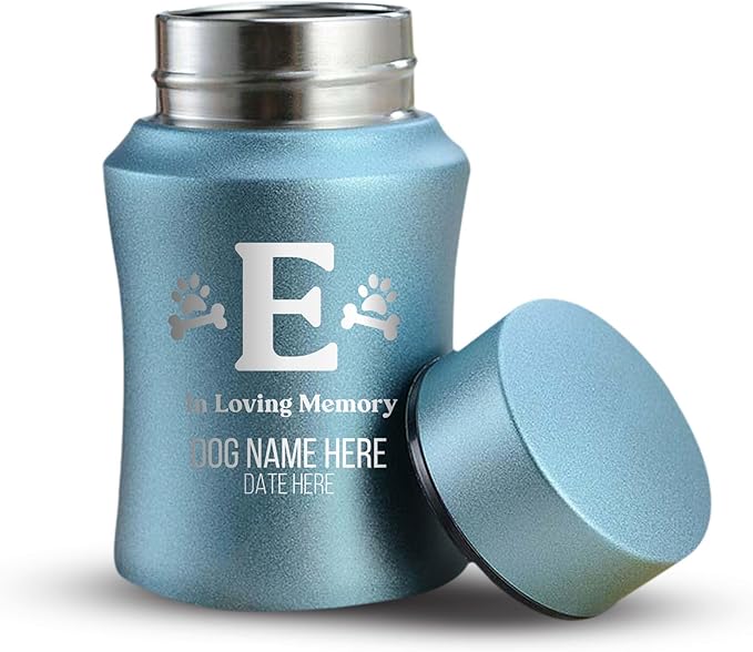 Customized Small Keepsake Urn Personalized Engraved with Pet Name, Date, and Dog Design - 4" Powder Coated Cremation Mini Compact Urn for Dogs Ashes | 5–10 Lbs Capacity | Powder Blue, Dog Bone and Paw