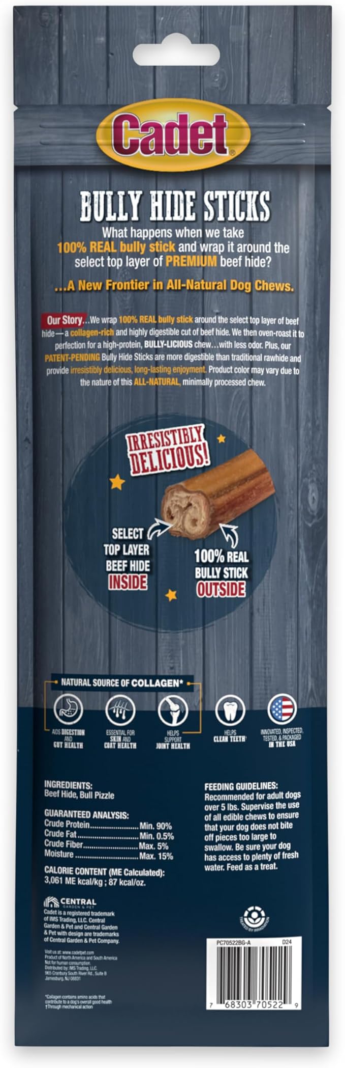 Cadet Bully Hide Sticks for Large Dogs, All-Natural Beef Pizzle, Limited-Ingredient Long-Lasting Dog Chews for Aggressive Chewers, 2 Count (Pack of 2)