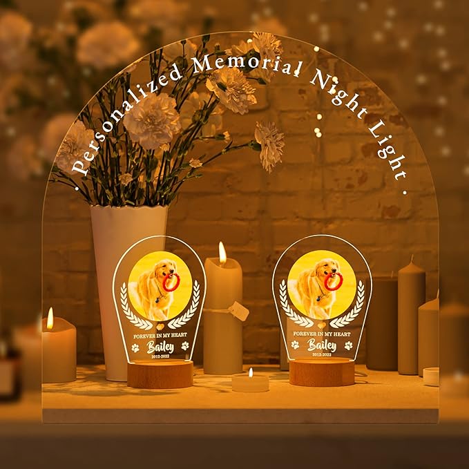 Bemaystar Personalized Dog Memorial Gifts Custom Dog Memorial Night Lights for Grieving Pet Owners, Pet Loss Gifts Cat memorial gifts Loss of Dog Sympathy Gift with Picture Name Date Custom Plaque