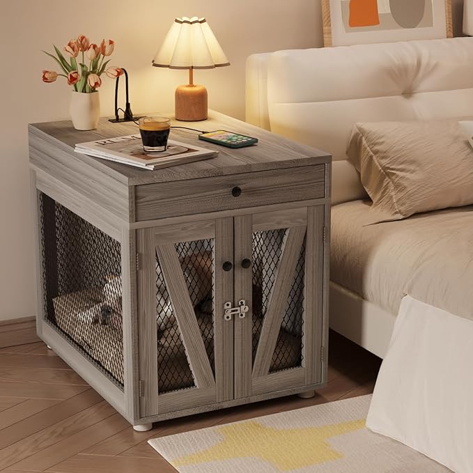 VOWNER Dog Crate Furniture, Wooden Dog Kennel End Table with USB Charging Station, Storage Drawer, Double Latched Door, Furniture-Style Crate Side Table for Medium Dogs Under 40 lbs Indoor, Gray Pine