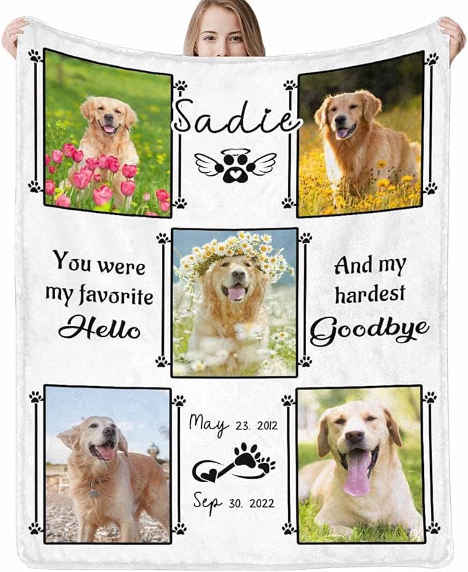 Artsadd Custom Throw Blanket with Dog Cat Pet Pictures & Name, Dog Memorial Blanket Personalized Memory Gift for Family and Friends Customized Bed Throw Blanket Sympathy Remembrance Made in USA