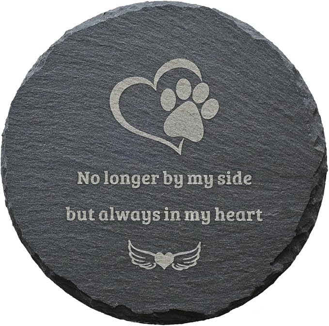 Dog Cat Memorial Stone Round 4” with Paw Print, “No Longer By My Side But Always in My Heart” Engraved Pet Grave Marker, Outdoor Garden Memorial Rock, Pet Loss Sympathy Gift