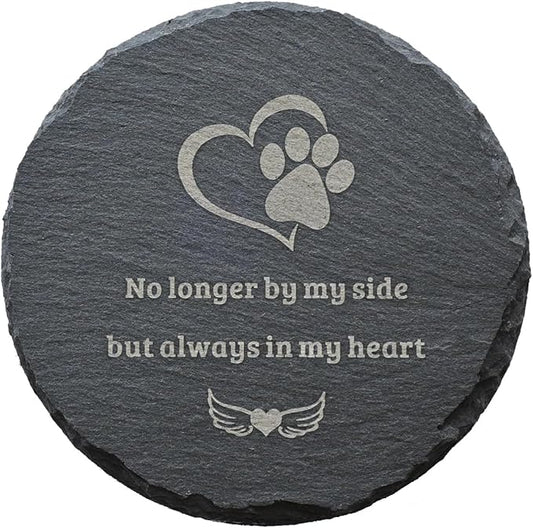 Dog Cat Memorial Stone Round 4” with Paw Print, “No Longer By My Side But Always in My Heart” Engraved Pet Grave Marker, Outdoor Garden Memorial Rock, Pet Loss Sympathy Gift