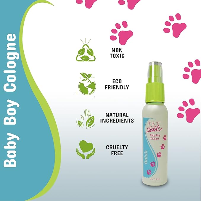 PET SILK Baby Boy Cologne, Made especially for Puppies and Kittens, Fresh Smell, Long Lasting Baby Powder Scent, Instantly Deodorizes unwanted Pet Odors (4oz)