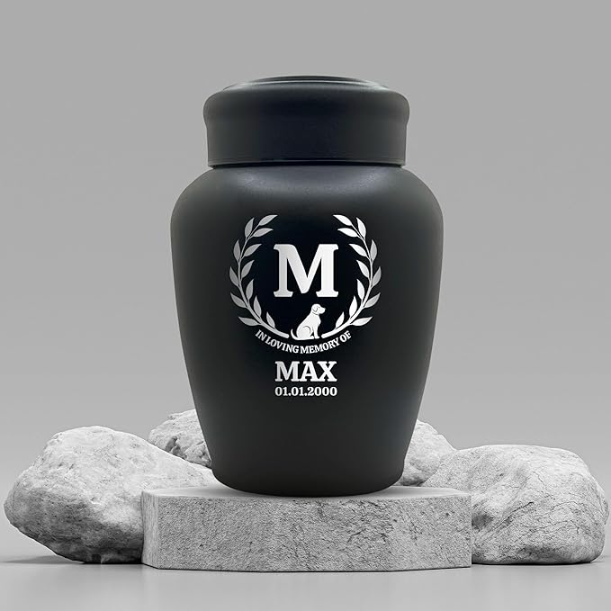 Personalized Custom Dog Urn Engraved Dog Name and Date - Stainless Steel Large Cremation urns for Dogs Ashes with Airtight Closure | up to 150 lbs Capacity | Leaves Border