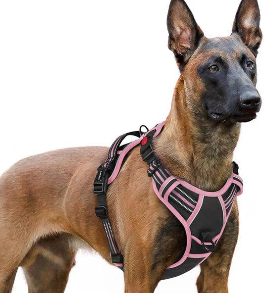 rabbitgoo Dog Harness for Large, No Pull Pet Harness with 3 Buckles, Adjustable Soft Padded Vest with Control Handle, Walking Reflective Pet Vest for Extra Large Dogs, Black & Pink, XL