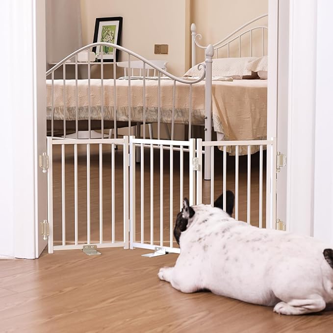 No Pawblems Free Standing Short Dog Gate, 16.5'' Tall Foldable Dog Fence for Indoor & Outdoor, Up to 36 Inch Extra Wide Puppy Gate for Stairs, Hallways, Doorways, Deck, Yard (White, 3 Panels)