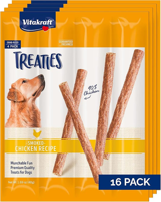 Vitakraft Treaties Dog Treat Sticks - Dog Sticks with 90% Real Chicken & Natural Smoke Flavor - Chewy & Fresh Pet Snacks for On-The-Go (Smoked Chicken, 16 Count)