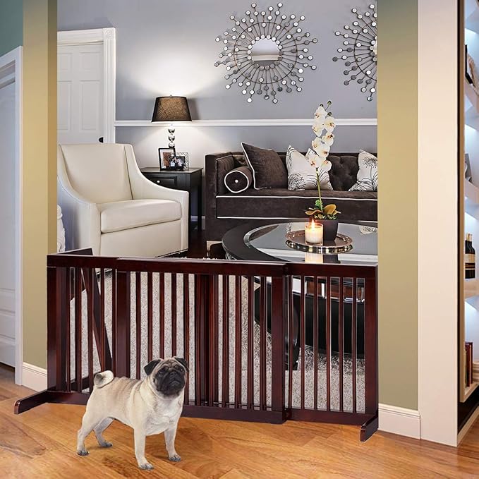 PETSITE 28"-80" Adjustable Wooden Pet Dog Gate, Freestanding Step Over Fence for Corridor Doorway Stairs