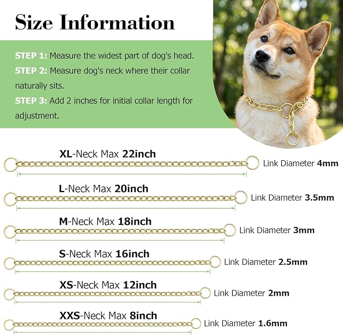 Chain Choke Collar for Dogs, Metal Choke Link Dog Collar Choker Training Heavy Duty Slip Martingale Puppy Collars for XS Small Medium Large Big XL Breed Dogs (Gold, L(Neck Max 20inch) D3.5mm)