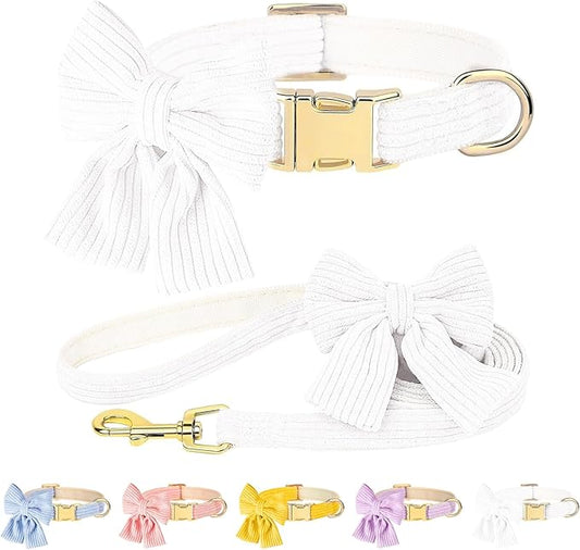 Dog Collar and Leash Set with Bowtie, Girl Dog Collars Metal Buckle Adjustable for Small Medium Dogs (White, M: Neck 13"-22" Leash 5 FT)