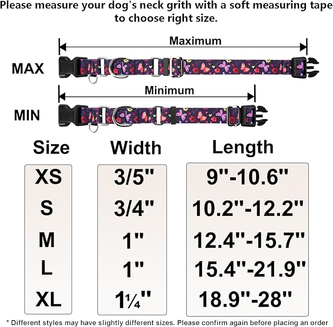 Martingale Collar with Buckle Purple Nylon Adjustable Cute Girl Female Dog Collars (Butterfly Floral, Large)