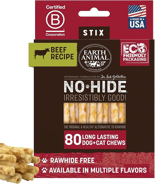 Earth Animal No Hide Stix - Long Lasting Rawhide Free Small Dog Chews Sticks, Beef - 80 Count Extra Value Pack