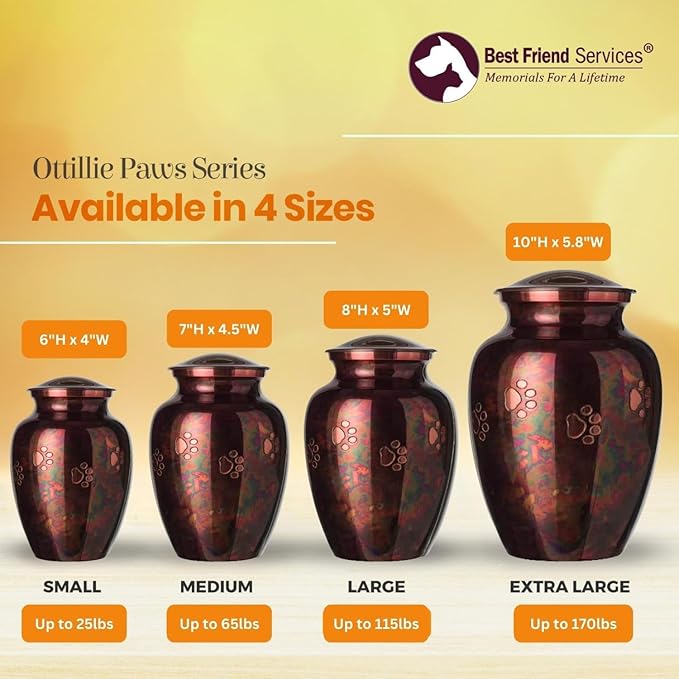 Ottillie Paws Legacy Series Pet Urn for Dogs, Handmade Brass Memorial Cremation Urn (Medium - Pets up to 65 lbs, Raku, Horizontal Brass Paws)