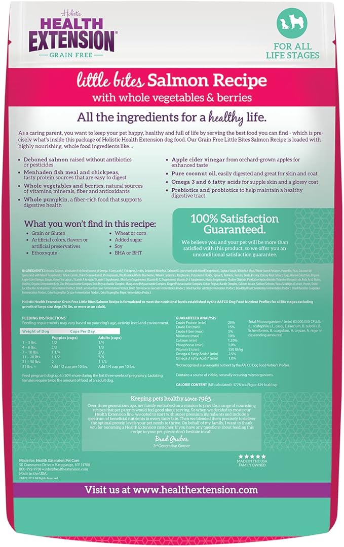 Health Extension Grain Free Salmon & Sweet Potato Little Bites Small Kibble Formula with 30+ Superfoods, Omega 3, and Probiotics for Teacups, Toys & Miniature Dogs (12 lb)