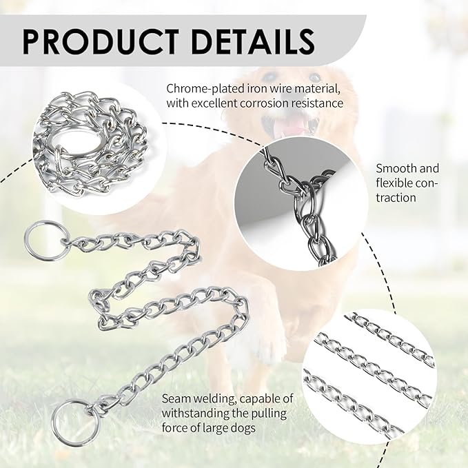 Dog Chain Collar, Stainless Steel Choker Collar with Slip Link Design, Heavy Duty Metal Training for Small Medium Large Breed Dogs Training and Walking Silver 20 Inch Max Neck Size