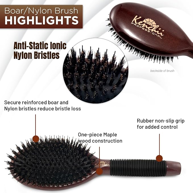 Kenchii Boar and Nylon Bristle Brush for Dog and Cat, Professional Grooming Brush with Maple Body, Lightweight, Non-Slip Rubber