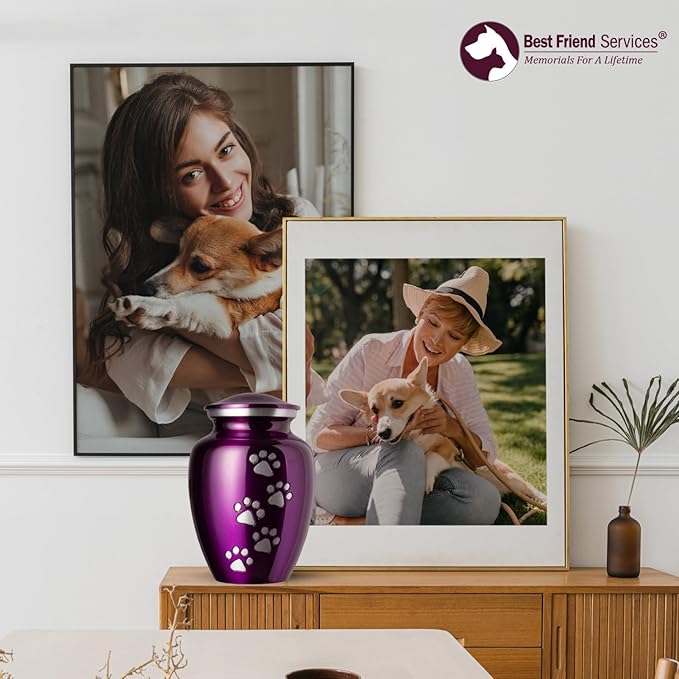 Ottillie Paws Legacy Series Pet Urn for Dogs, Handmade Aluminum Memorial Cremation Urn (X-Large - Pets up to 170 lbs, Deep Violet, Vertical Pewter Paws)