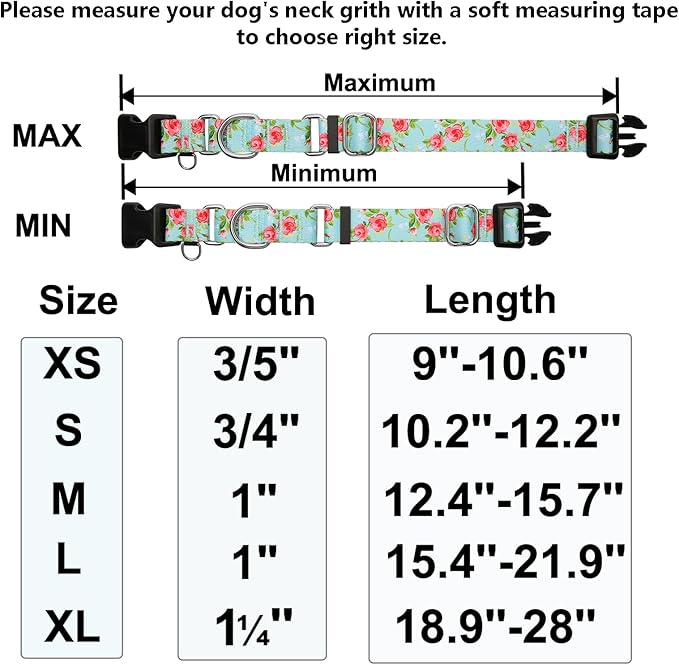 Martingale Collar for Dogs with Buckle Pink Floral Dog Collar No Pull Cute Girl Female Dog Collars for Small Dogs, Green Rose