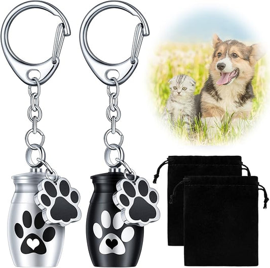 Tudomro 2 Pcs Pet Dog Urns Keychain for Ashes with 2 Storage Bags Small Cat Cremation Keepsake Jewelry Paw Print Memorial Urn
