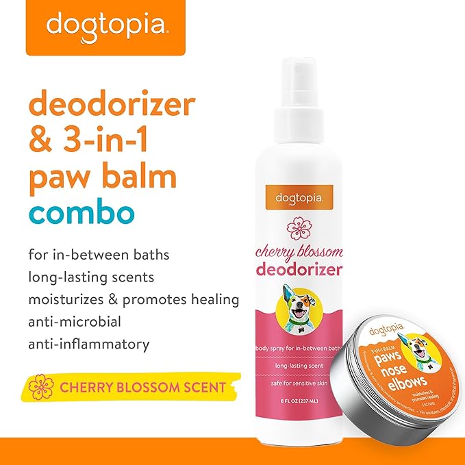 Dogtopia 3-in-1 Paw Balm & Deodorizer Spray - Between Baths Bundle for Pets | Moisturizing Balm for Cracked Skin (2oz) & Long-Lasting Cherry Blossom Odor Eliminator (8oz) for Dogs & Cats