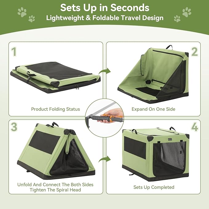 PETSFIT 36" Soft Portable Dog Crate – Patented Spiral Sturdy Frame, Collapsible Travel Kennel for Medium & Large Dogs, 3 Mesh Door, Lockable Zippers, Indoor & Car Use Green