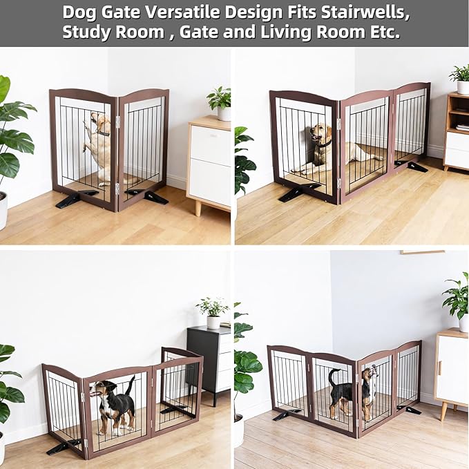 Dog Fence Indoor,Dog Gate Indoor for Doorway pet gate -2-Panel Freestanding, Hallways, House or Stairs -40x32-Inch Retractable Foldable Expandable Wood Pet by SFJC (Brown) ﻿