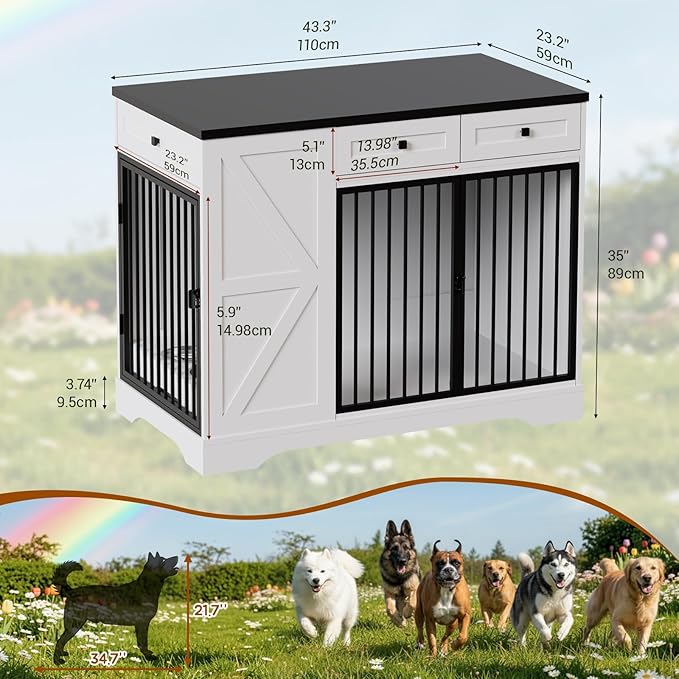 Dog Crate Furniture for Medium Large Dogs, Double-Door Kennel with Removable Bowls, Indoor Wooden Storage Drawers Heavy Duty Dog House Cage