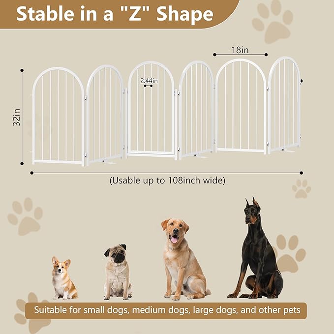 Full Metal Dog Gate with Door for Indoor Outdoor, 32" Tall Free Standing Pet Dog Fence, 108" Extra Wide Pet Gates for Stairs, Hallways, Doorways, Kitchen, Decks, Yards (White, 6 Panels)