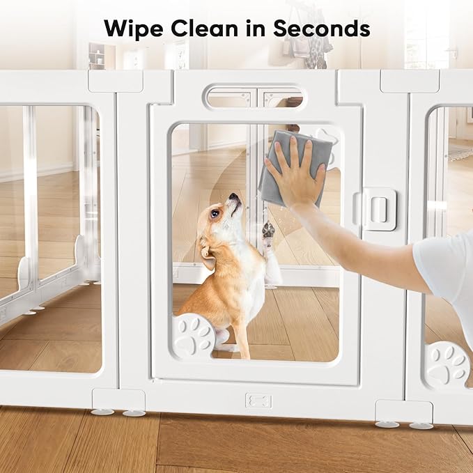 Clear Acrylic Dog Play Pen Indoors 24", 12 Panels Transparent Puppy Playpen with Door for Small Dogs Puppies, Modular Plastic Pet Playpen Cage Fence Crate for Cat Kitten Rabbit, White